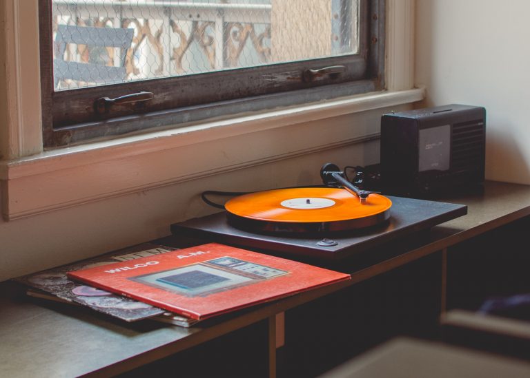 A retro vinyl record player.